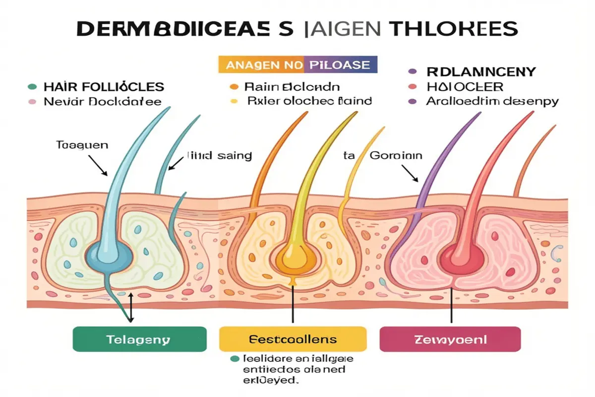 Hair follicles entering telogen phase causing telogen effluvium shedding.