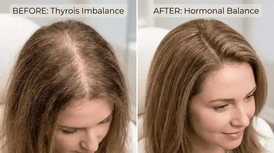 Close-up comparison showcasing the results of treating thyroid hair loss before and after, highlighting significant hair regrowth and improved density on a woman's scalp.