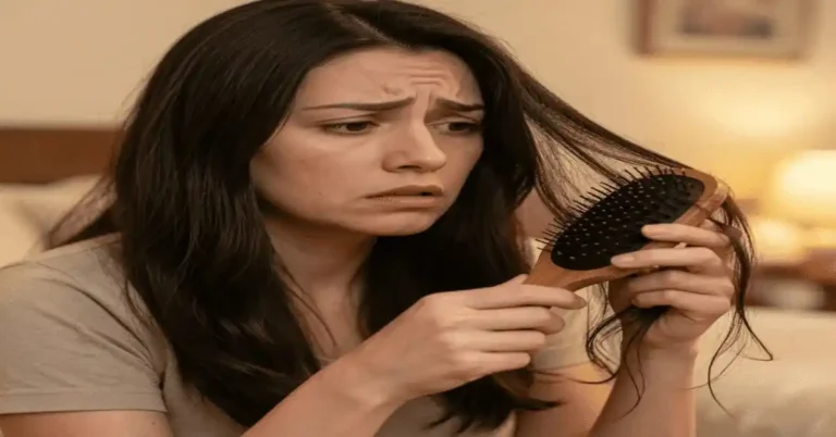 Woman examining hairbrush, showing Thyroid Hair Loss Before and After