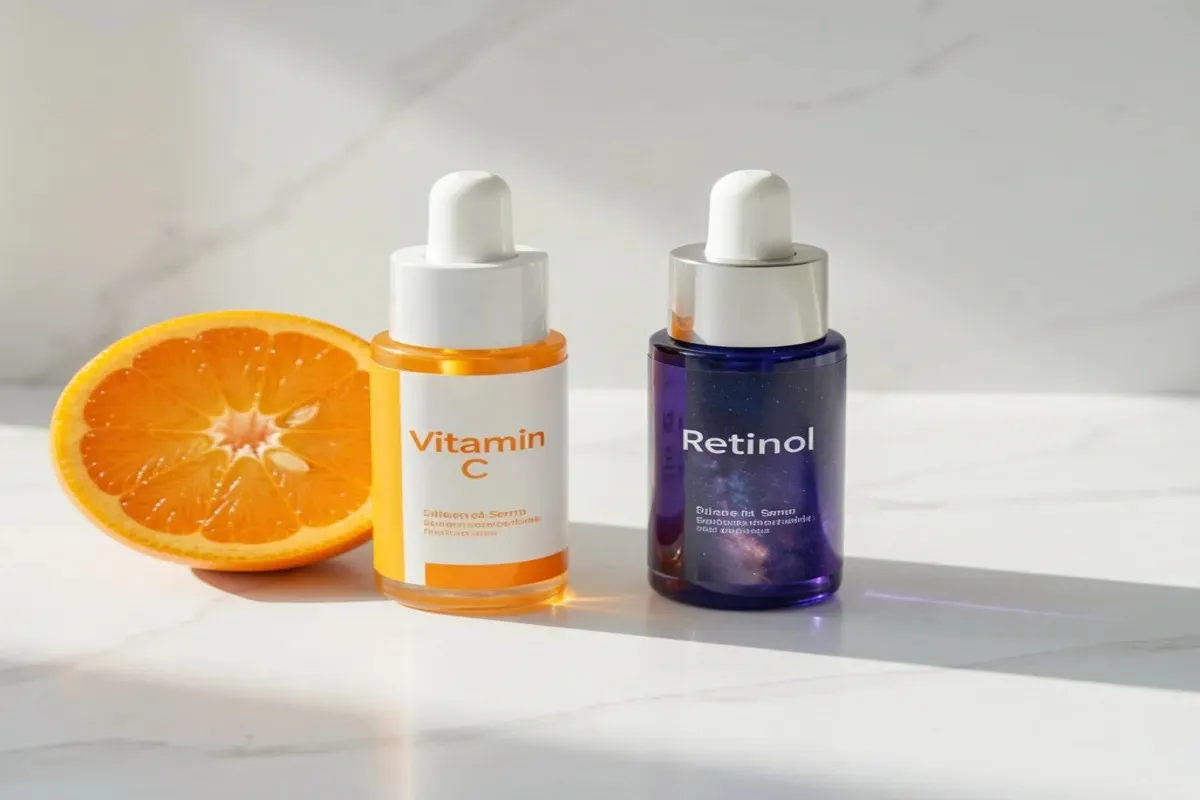A professional skincare display showing how to use Vitamin C and Retinol together safely.