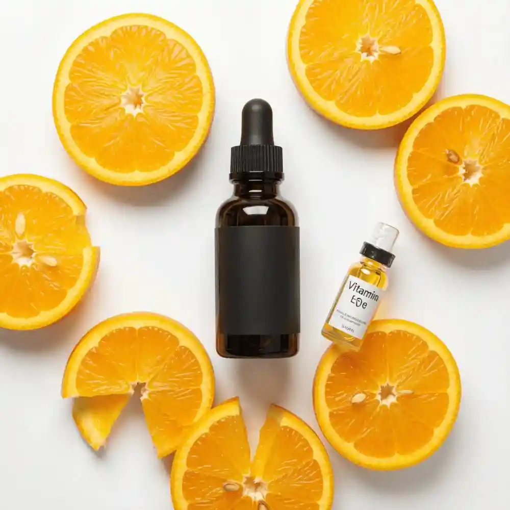 A stylized arrangement of citrus slices, a bottle of Vitamin E oil, and a beaker representing Ferulic acid.