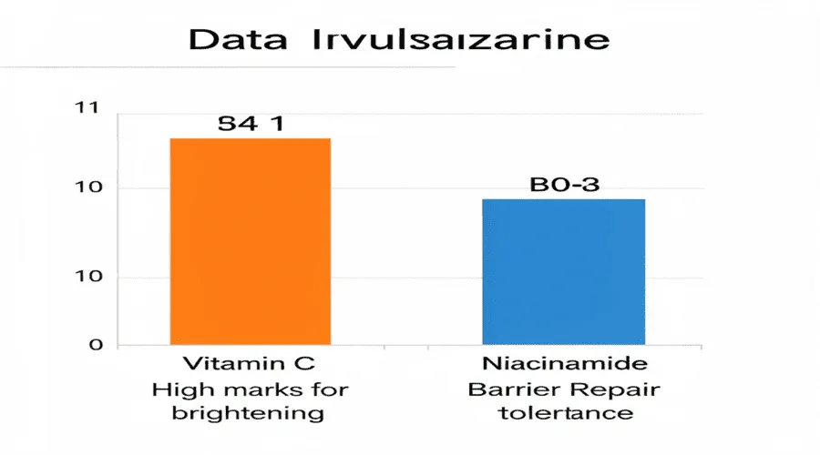 Clinical Efficacy Comparison A professional bar graph comparing Vitamin C and Niacinamide performance in hyperpigmentation, barrier function, and tolerance.