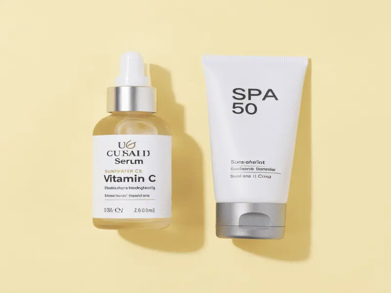 A bottle of Vitamin C serum placed next to a tube of broad-spectrum SPF 30 sunscreen.