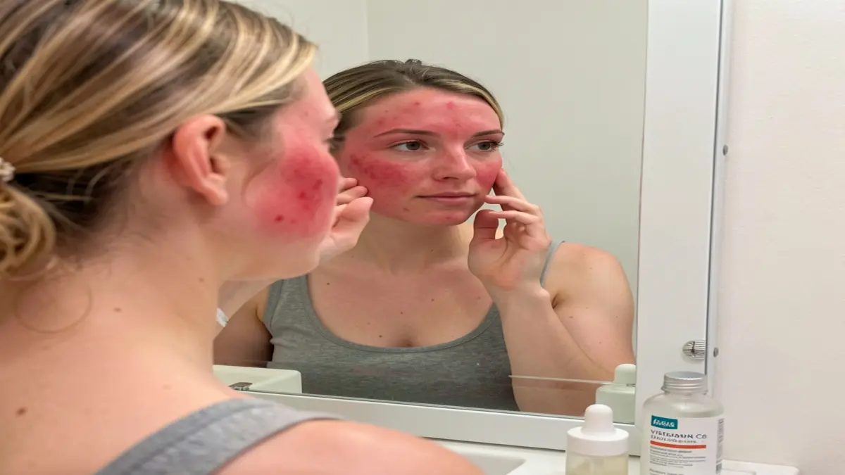 Vitamin C serum side effects showing visible skin stinging, redness, and irritation on a woman's face.