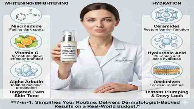 Infographic comparing Vitamin C vs. Niacinamide benefits: showing Niacinamide for dark spots and Vitamin C for natural glow with dermatologist-backed results.