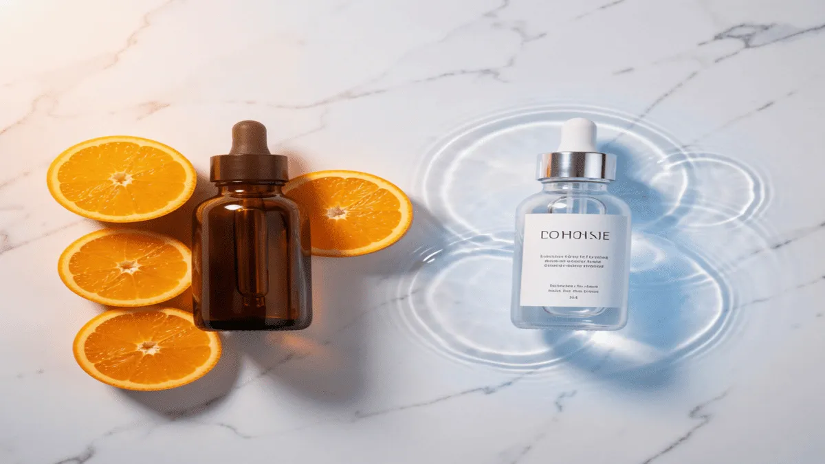 vitamin-c-vs-niacinamide-comparison-guide Vitamin C vs. Niacinamide side-by-side comparison featuring an orange-infused serum bottle and a clear hydrating Niacinamide dropper.