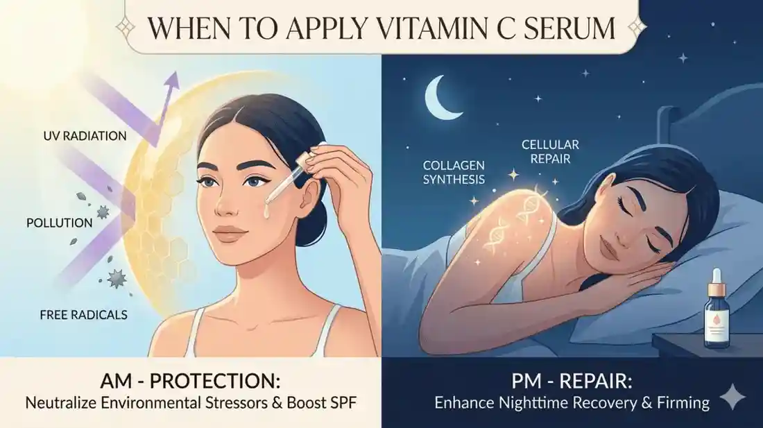 When to Apply Vitamin C Serum: AM vs PM Comparison A detailed infographic explaining when to apply vitamin C serum for morning protection against UV rays and nighttime skin repair.
