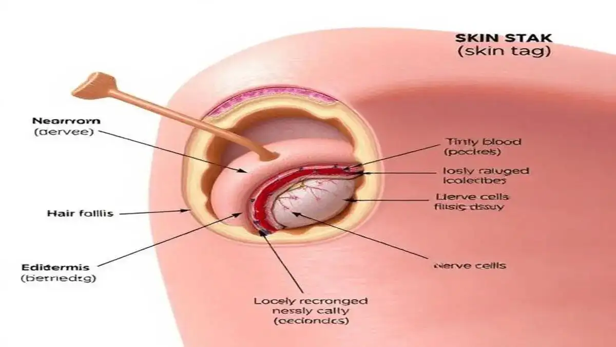 A medical illustration showing the cross-section of a skin tag, highlighting the vascular core, nerves, and fibrous tissue necessary to understand for safe skin tag removal.
