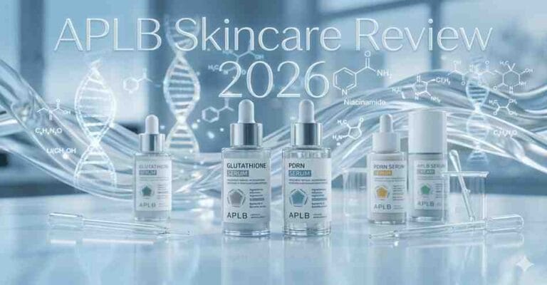 A wide clinical banner for the APLB Skincare Review 2026 showing the Glutathione and Niacinamide product range.