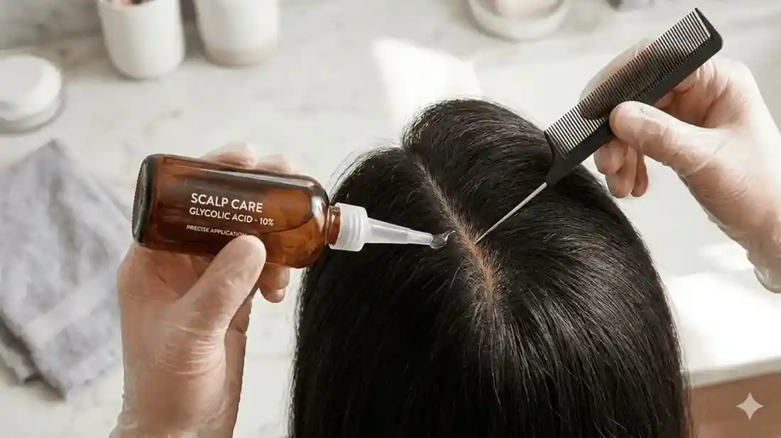 A precise point-of-view image showing how to section hair and apply a Glycolic Acid for scalp acne solution directly to the skin using a nozzle applicator.