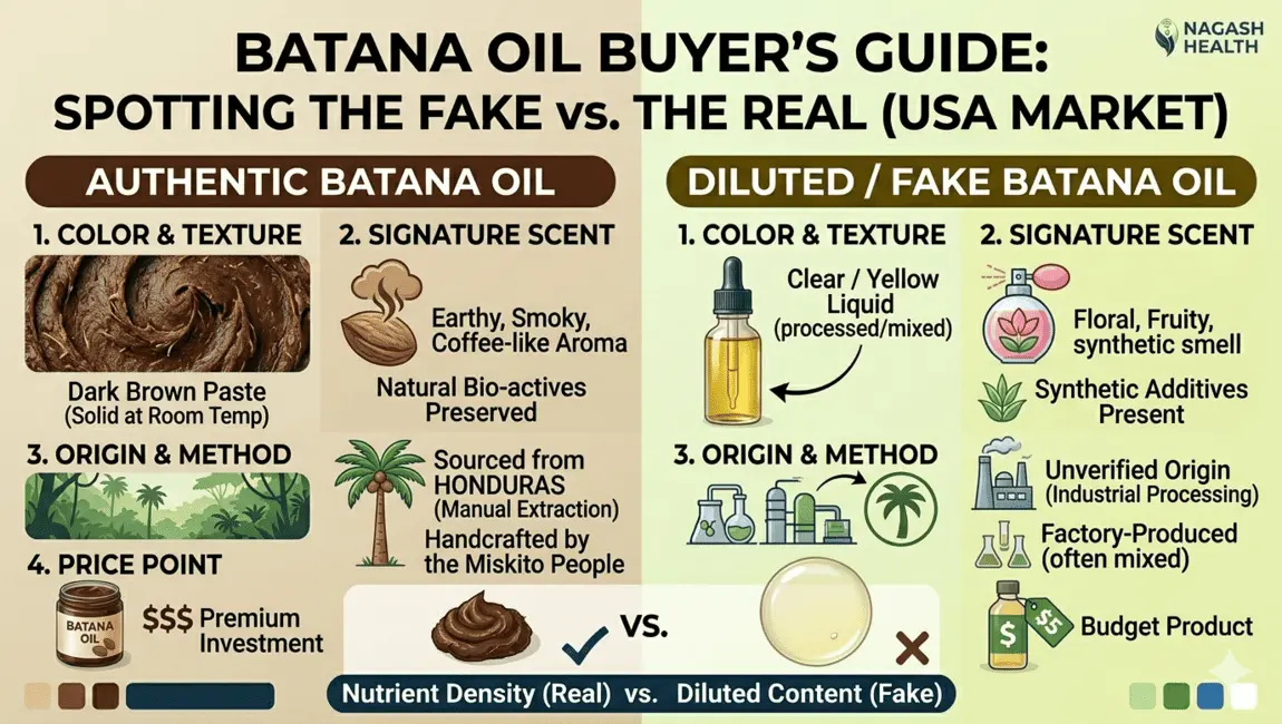 Buyer's Guide: Identifying Pure Honduran Batana Oil vs. Synthetic Fakes A side-by-side comparison chart showing authentic Batana Oil (dark brown paste, coffee scent, Honduran origin) versus fake versions (yellow liquid, floral scent, synthetic additives).