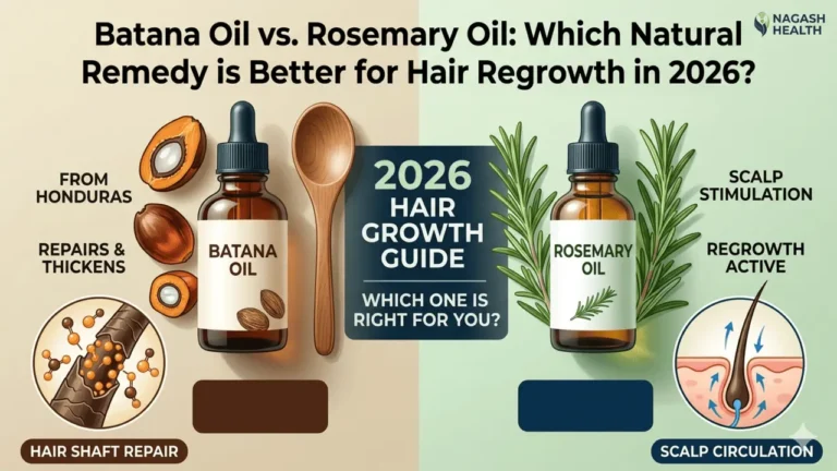 A comparative infographic banner showing Batana Oil for hair shaft repair and Rosemary Oil for scalp circulation and regrowth.