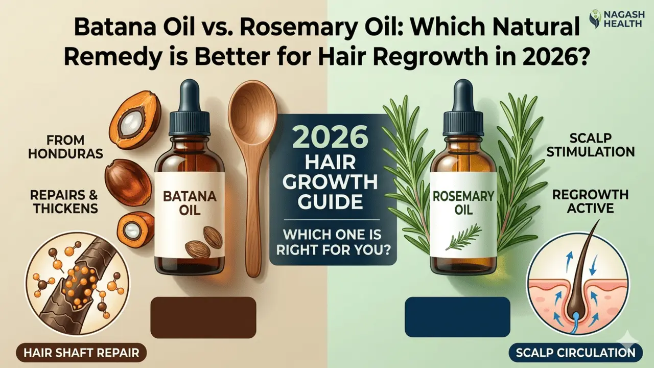 A comparative infographic banner showing Batana Oil for hair shaft repair and Rosemary Oil for scalp circulation and regrowth.