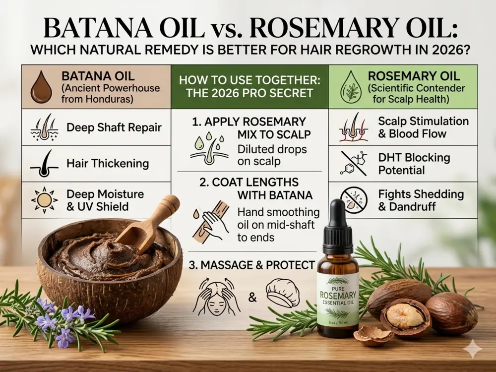 Batana Oil vs. Rosemary Oil: The Ultimate 2026 Comparison Guide Comprehensive infographic comparing Batana Oil vs. Rosemary Oil for hair growth, showing application steps and unique benefits for USA consumers.