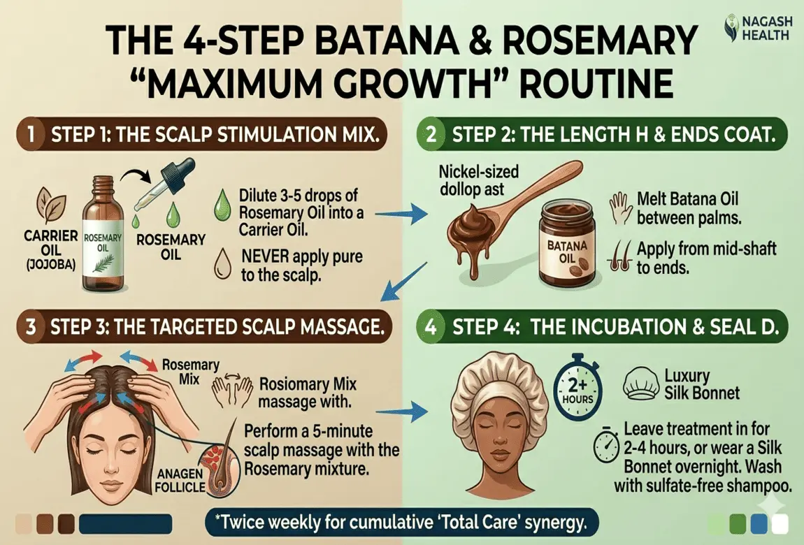 The 4-Step Batana & Rosemary Total Care Synergy Routine A 4-step infographic for a hair growth routine: 1. Diluting Rosemary Oil, 2. Applying Batana Oil to hair lengths, 3. Performing a 5-minute scalp massage for follicle activation, and 4. Using a silk bonnet for overnight incubation.