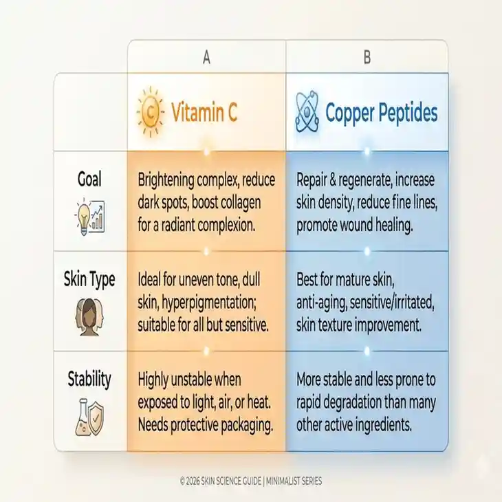 An infographic chart comparing Copper Peptides vs. Vitamin C across skin types, texture, and primary anti-aging goals.