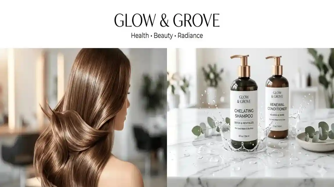 A high-quality banner showing a woman with shiny hair and professional bottles of the best chelating shampoos for hard water.