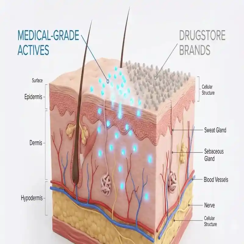A cross-section diagram of human skin showing active ingredients from the best medical-grade skincare brands USA offers reaching the dermis layer, vs. drugstore brands sitting on the epidermis.