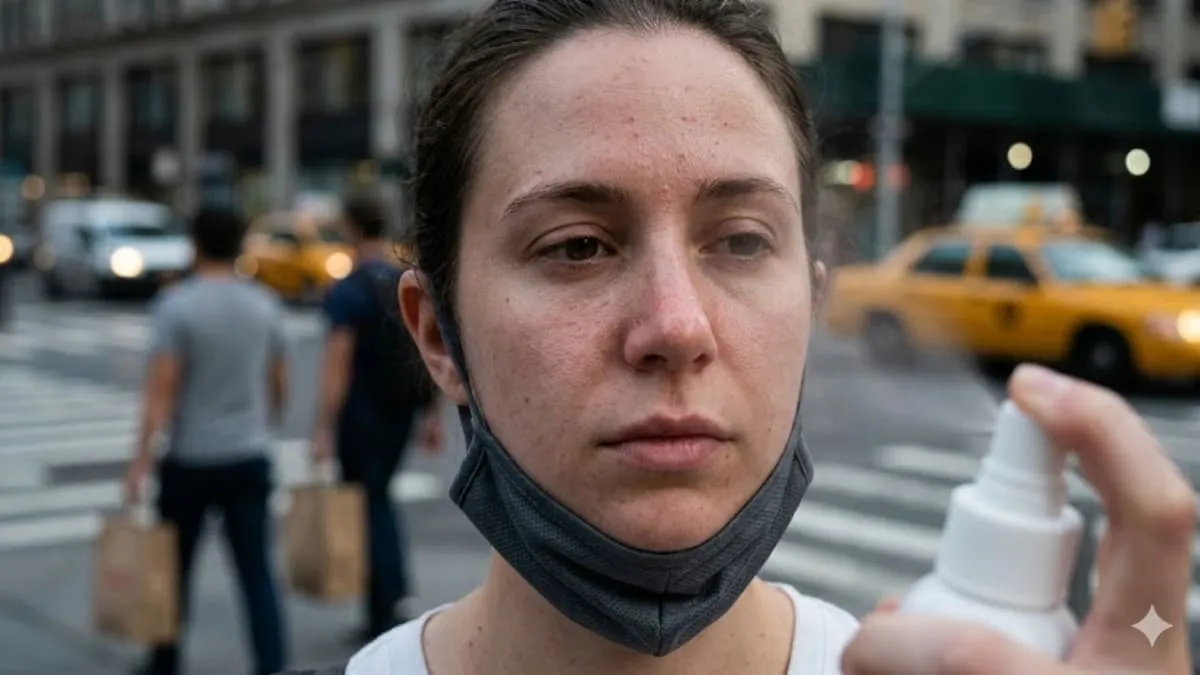 A close-up portrait of a tired woman with dull skin and 'maskne' in a hazy NYC street intersection, showing the urban pollution that can be treated with hypochlorous acid spray.