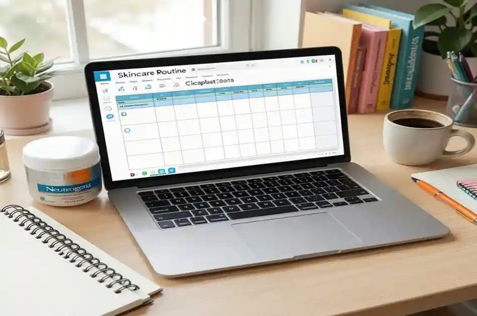 A college student's desk with a mix of Neutrogena and La Roche-Posay products and a laptop.