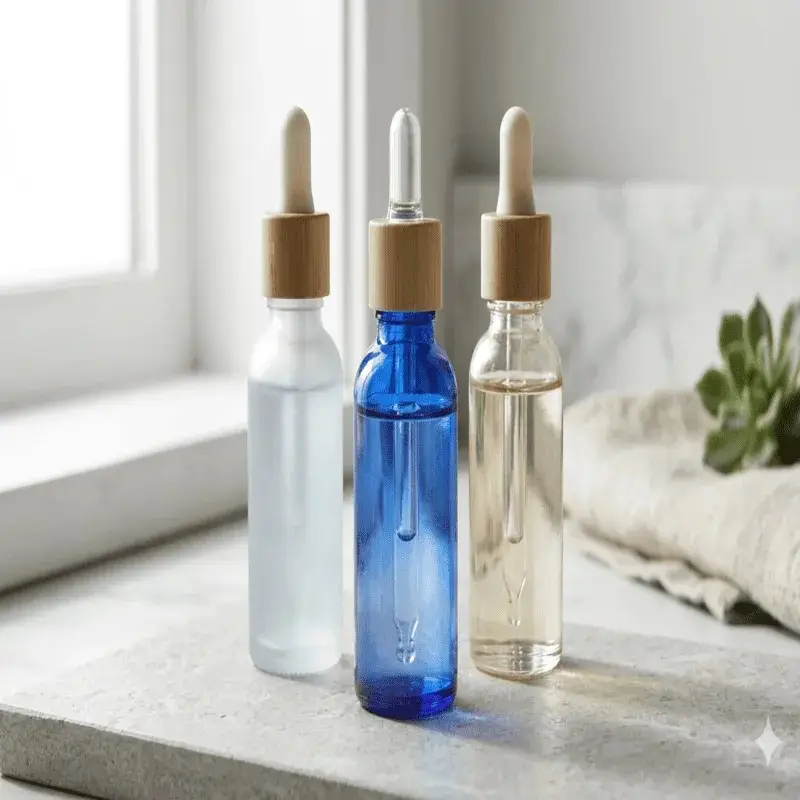 Three glass dropper bottles showing different concentrations of blue liquid to illustrate the Copper Peptides vs. Vitamin C purity test.