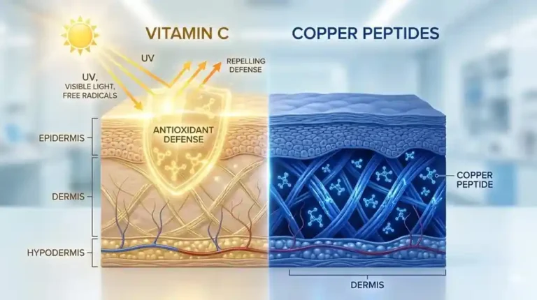 A split-screen diagram showing the structural difference of Copper Peptides vs. Vitamin C on human skin layers; Vitamin C blocks UV rays while Copper Peptides repair collagen.