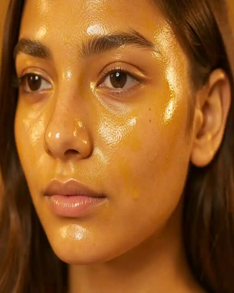 refined-skin-texture-achieved-via-turmeric-clay-face-mask-benefits A portrait of a woman with smooth, reflective, highly polished "glass skin," showcasing the refined texture and mechanical exfoliation Turmeric Clay Face Mask benefits.