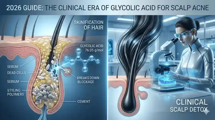 A 2026 clinical guide banner demonstrating how Glycolic Acid for scalp acne treats follicular congestion.