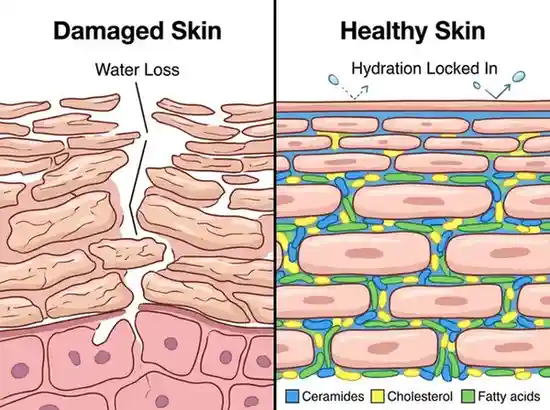 A microscopic illustration of healthy skin vs. damaged skin to demonstrate how to heal your skin barrier fast.