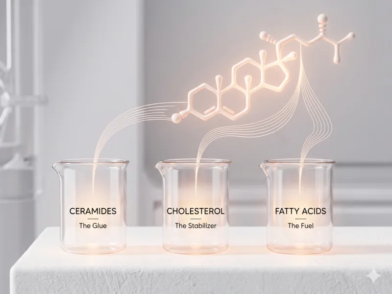 Three key skincare ingredients: Ceramides, Cholesterol, and Fatty Acids, which help heal your skin barrier fast.