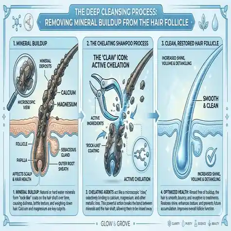 Infographic showing how ingredients in the best chelating shampoos for hard water remove calcium and magnesium ions from hair.