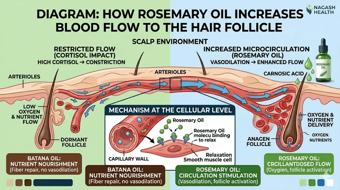 Cellular Diagram: Rosemary Oil's Mechanism on Scalp Circulation A detailed cross-section diagram of the human scalp, showing on the left a constricted follicle under stress and on the right, how Rosemary Oil widens blood vessels, increasing microcirculation and nutrient delivery to the hair bulb.