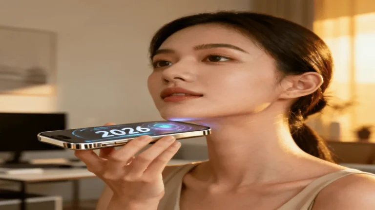 A woman holding a smartphone at eye level to demonstrate how to treat tech neck wrinkles at home through better posture