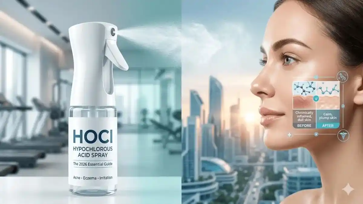 Woman using Hypochlorous Acid Spray for Gym-Acne and sensitive skin treatment in 2026.