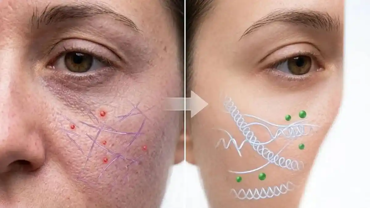 A microscopic graphic overlay on a face contrasts inflamed, fatigued skin with fragmented collagen versus healthy, calm skin with smooth texture, showing the results of ignoring bacterial balance.