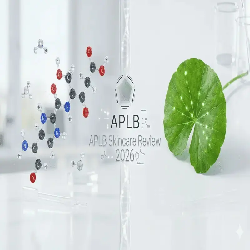 A scientific illustration of Glutathione and Centella molecules for the APLB Skincare Review 2026.
