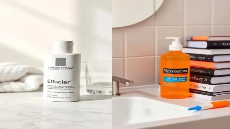 A side-by-side comparison of La Roche-Posay vs. Neutrogena acne products on a clean bathroom vanity with college textbooks.