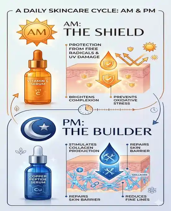 A skincare routine schedule showing Vitamin C in the morning and Copper Peptides at night to avoid chemical chelation.