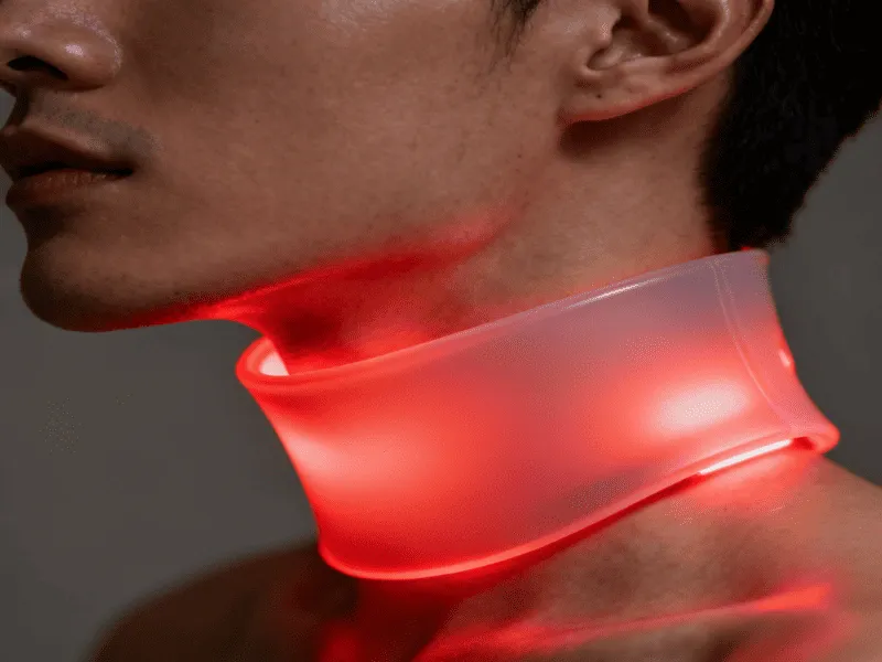 A person wearing a flexible LED neck mask to show how to treat tech neck wrinkles at home using red light therapy.