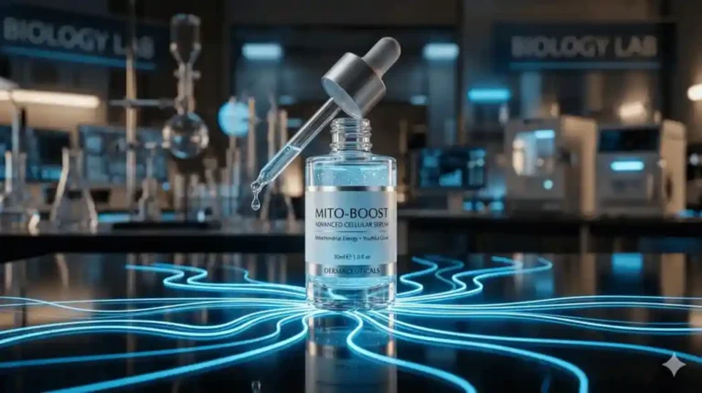 A high-end laboratory bottle of Methylene Blue Skincare serum on a glowing futuristic pedestal.