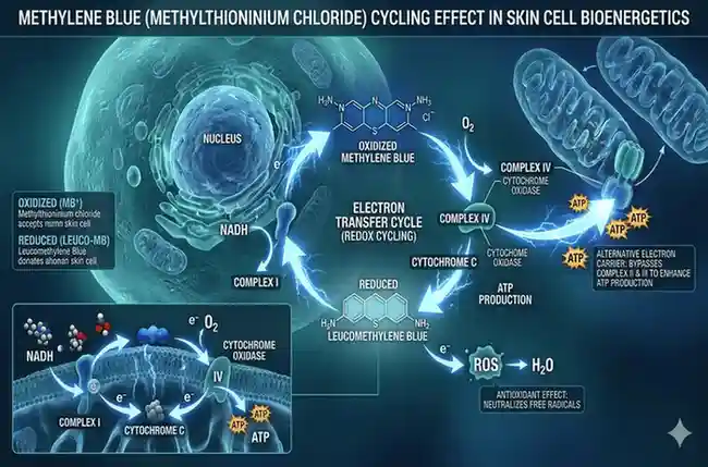 Methylene Blue Skincare Molecular Cycling 3D medical illustration showing Methylene Blue Skincare molecules recycling electrons within a skin cell.