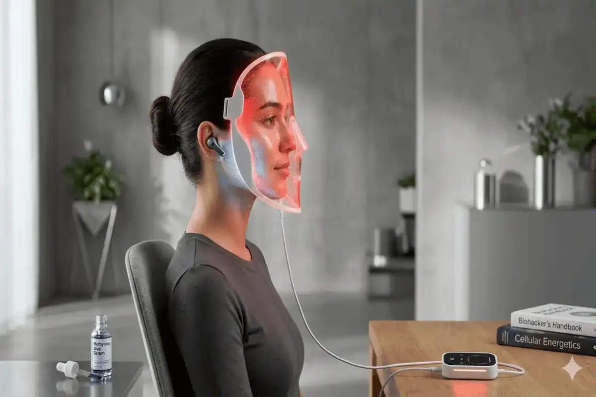 Methylene Blue Skincare and Red Light Therapy Synergy A woman using a red light therapy mask after applying Methylene Blue Skincare serum.