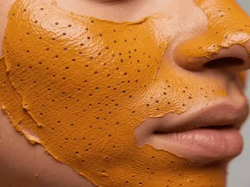 microscopic-visual-of-turmeric-clay-face-mask-benefits-for-pores A close-up macro shot of a drying turmeric clay face mask on skin, visually demonstrating the vacuum effect and deep pore detoxification as part of the turmeric clay face mask benefits.