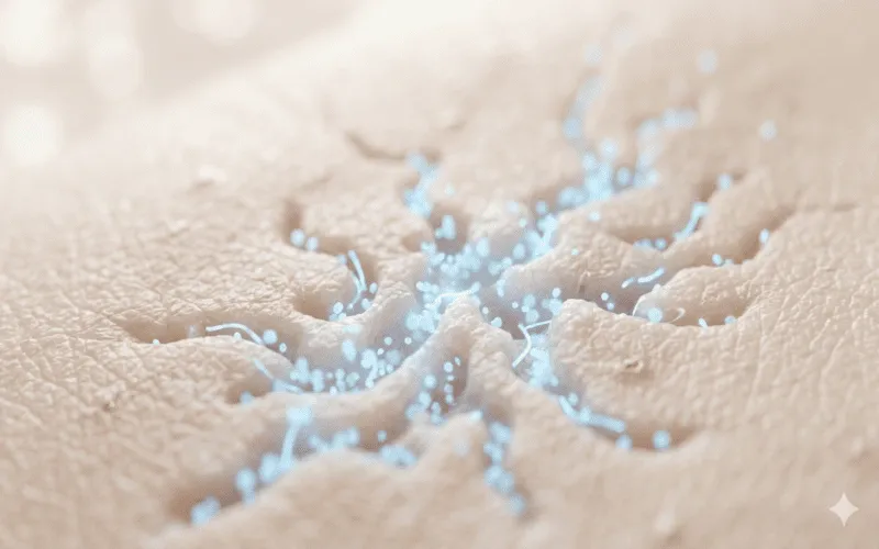 Macro view of skin surface post-microneedling, highlighting why Copper Peptides are safer than Vitamin C for healing.