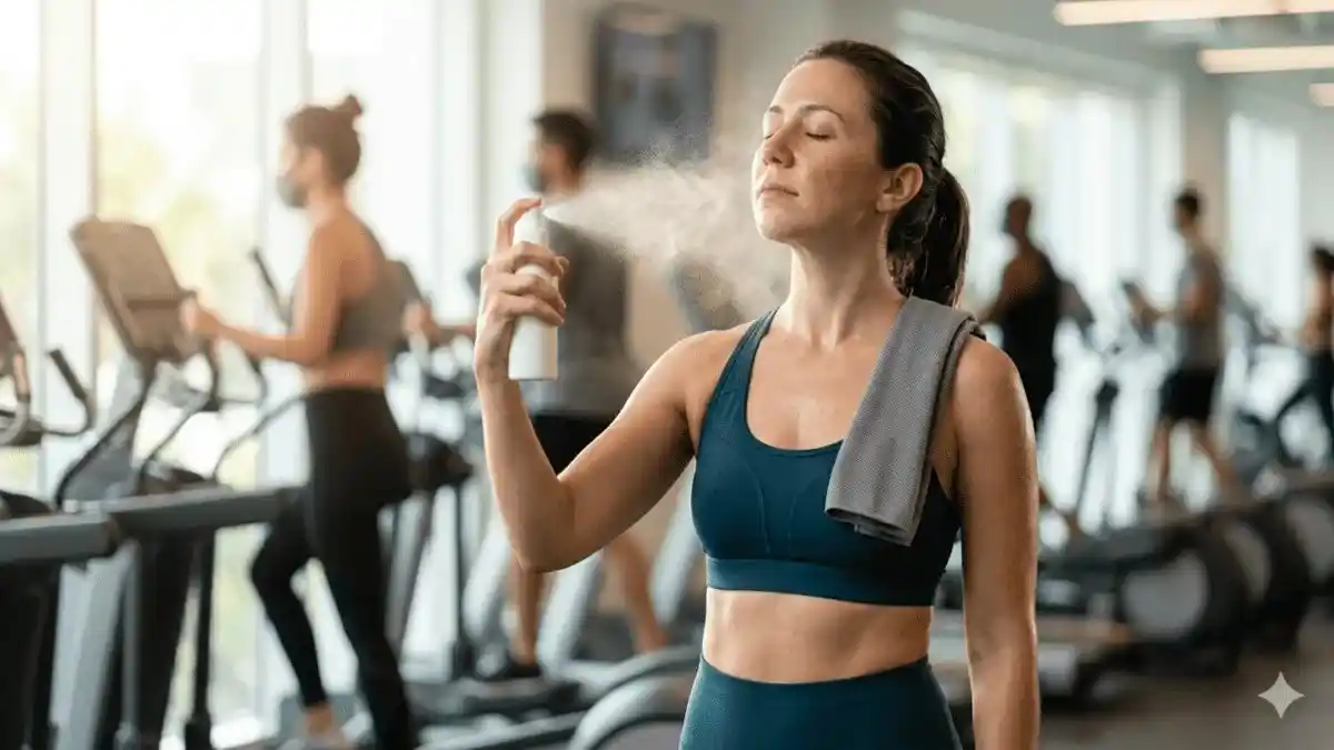 A flushed Hispanic woman in a 2026 Miami gym environment is misting a generic opaque white bottle of Hypochlorous Acid Spray directly onto her face and neck, with a gym towel over her shoulder but not wiping.