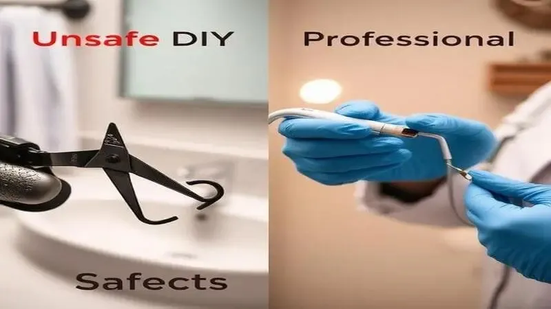 Comparing Methods for Safe Skin Tag Removal A split-screen comparison showing a risky at-home attempt with clippers versus a sterile, professional electrocautery procedure performed by a dermatologist for safe skin tag removal.