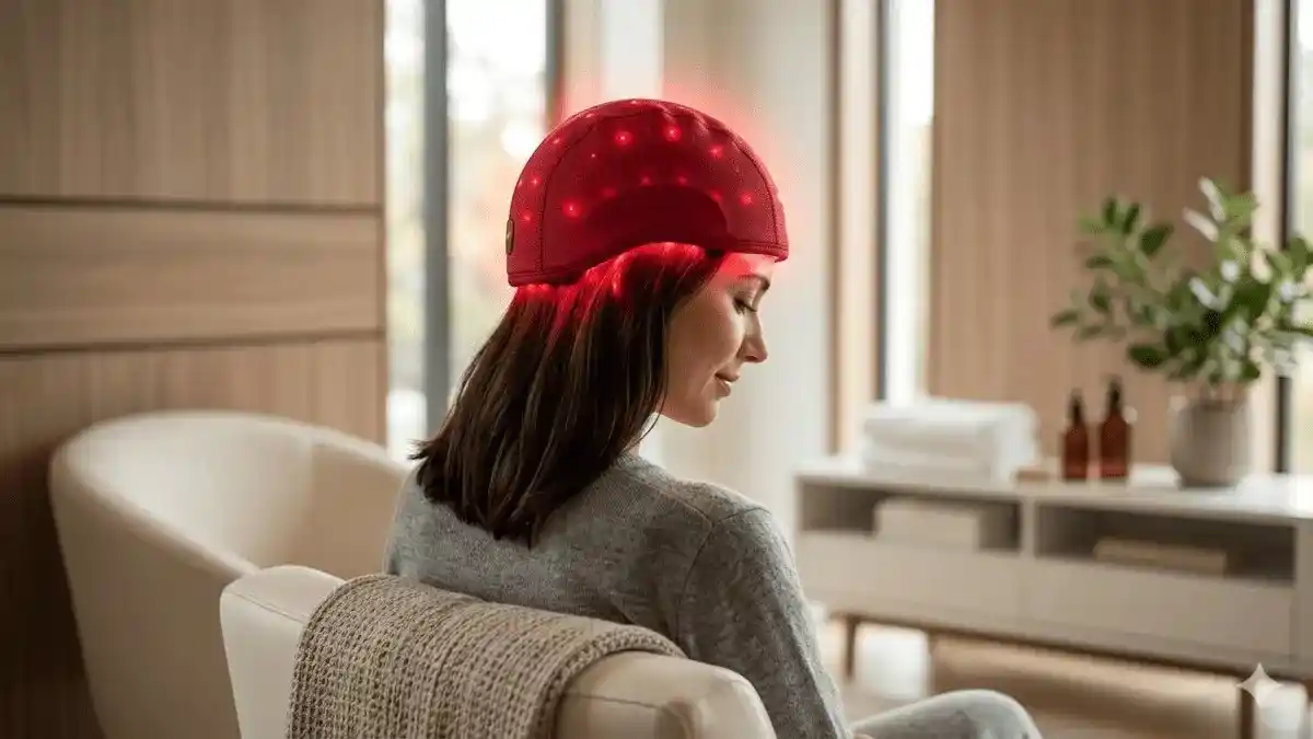 A person using a professional device for Red Light Therapy for Hair Growth in a clinical setting.