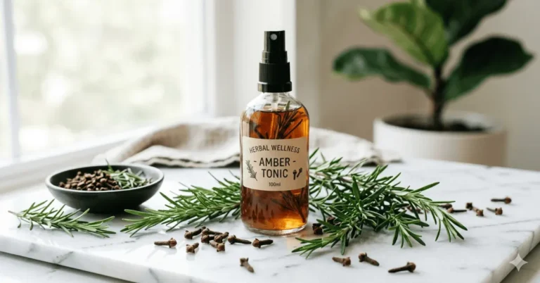 A beautiful flat lay of fresh rosemary sprigs and whole cloves next to a glass spray bottle, representing Rosemary and Clove water for postpartum hair loss.