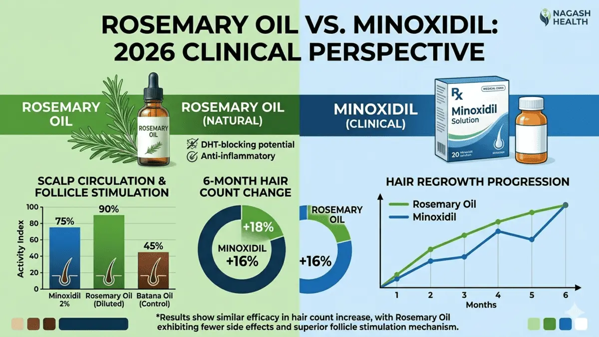 Clinical Comparison: Rosemary Oil vs. 2% Minoxidil Results A clinical chart comparing hair regrowth progress between Rosemary Oil and Minoxidil over 6 months, showing similar efficacy in hair count increase.