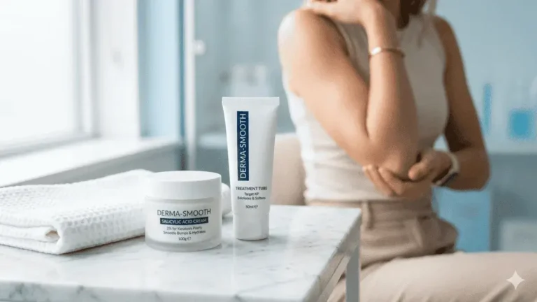 A dermatologist-recommended salicylic acid cream for keratosis pilaris being applied to bumpy skin on the arm to dissolve keratin plugs.